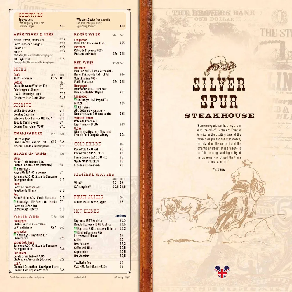Silver Spur restaurant menu drinks and main items
