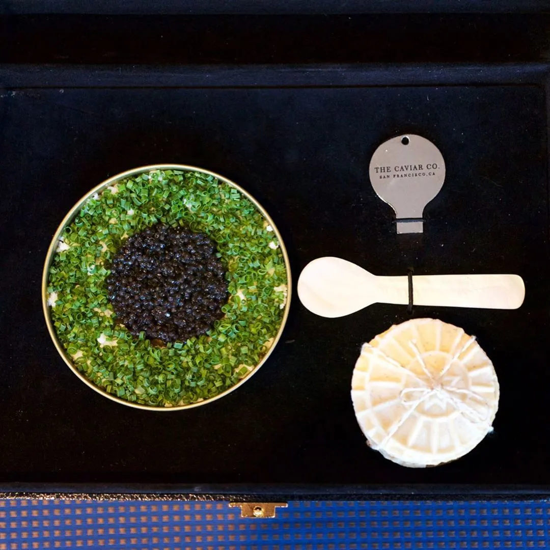 Elegant to-go presentation of the Kaluga Caviar kit from the continental restaurant menu