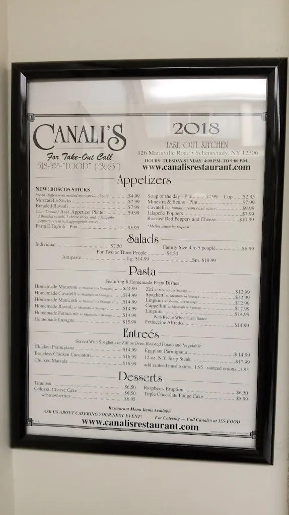 Snapshot of a section of the Canali's Italian & American Restaurant menu