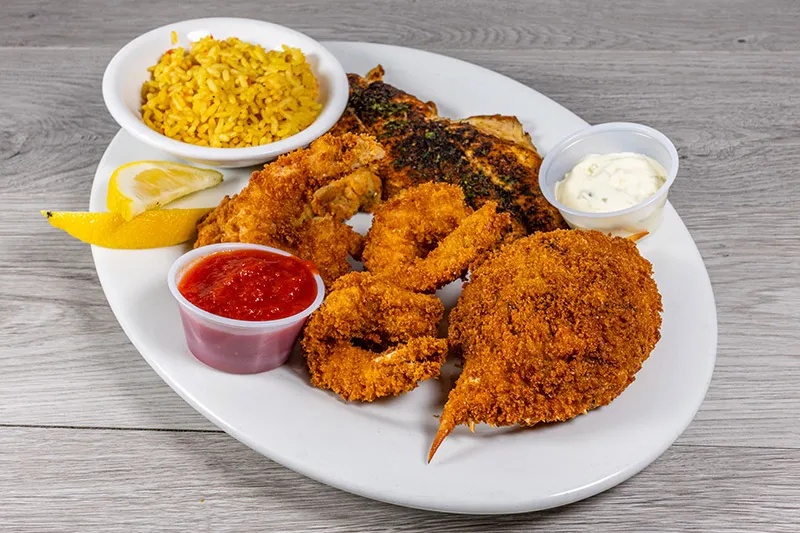 A selection of fresh lunch plates including blackened catfish from the sky restaurant victoria menu