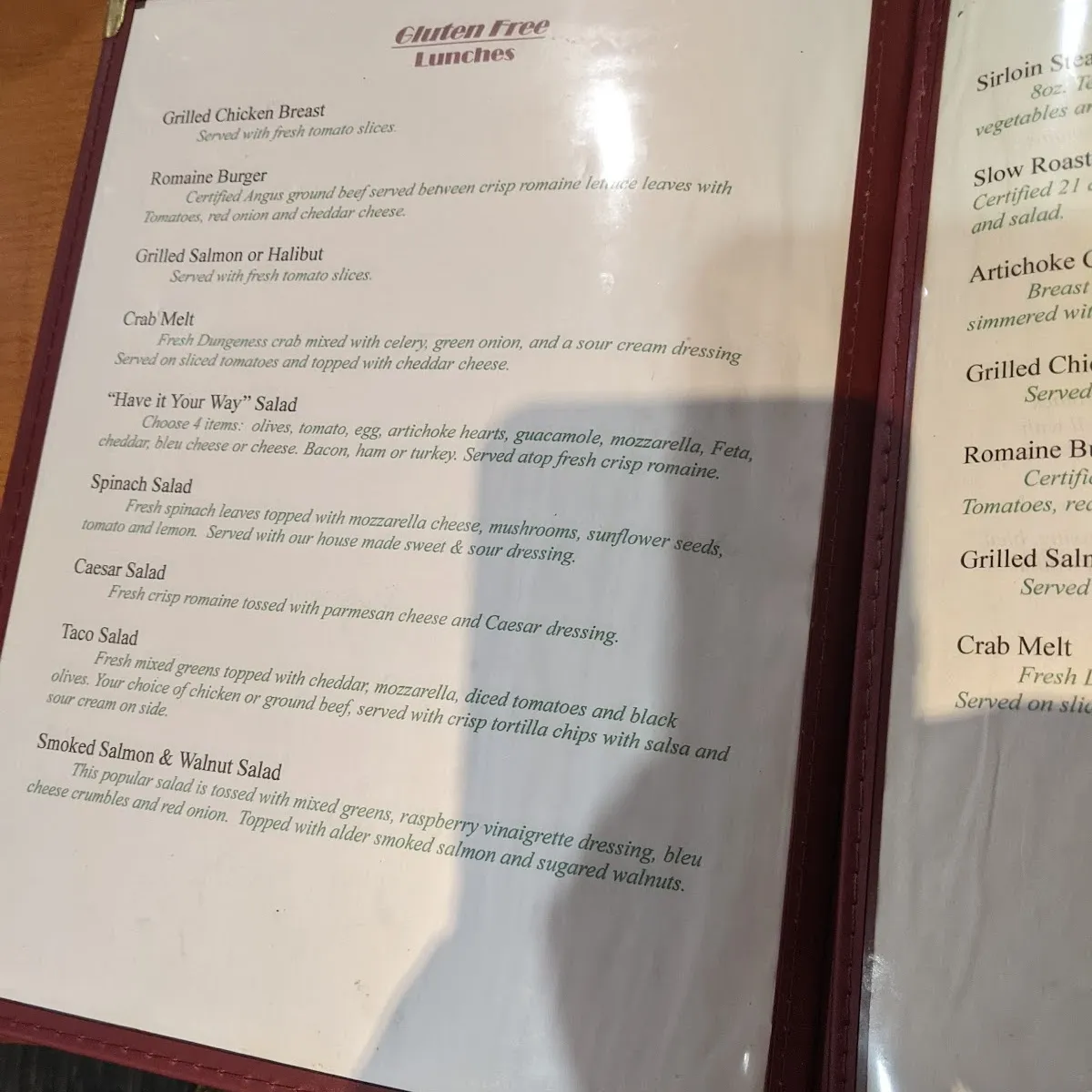 Another perspective of the Collector's Choice Restaurant gluten-free breakfast menu