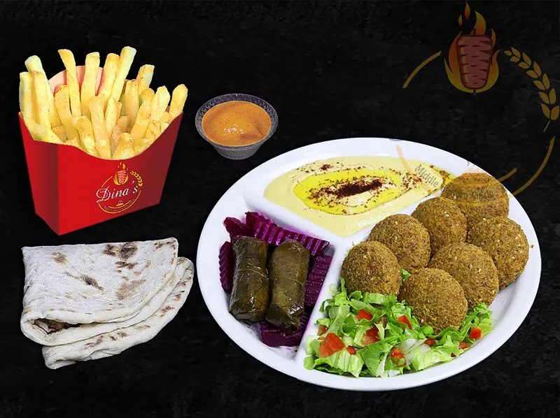 Generous Falafel plate, a vegetarian delight on the dina's restaurant menu