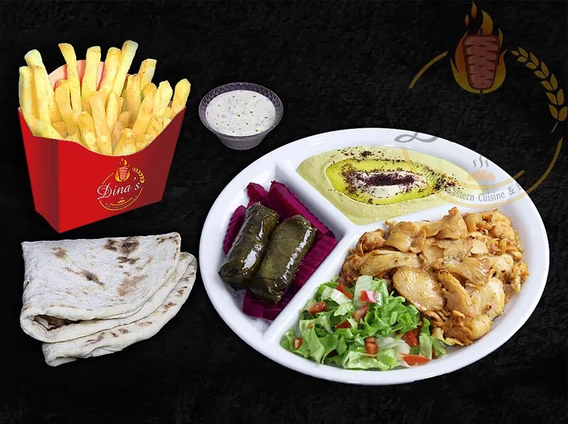 Succulent Chicken Shawarma plate, a popular main course on the dina's restaurant menu