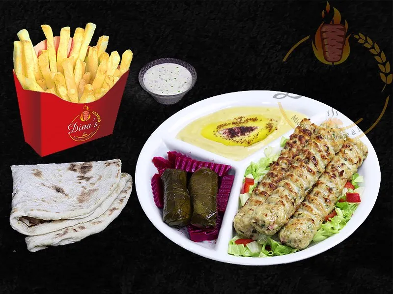 Grilled Chicken Kufta Kebab plate, a Persian delight on the dina's restaurant menu
