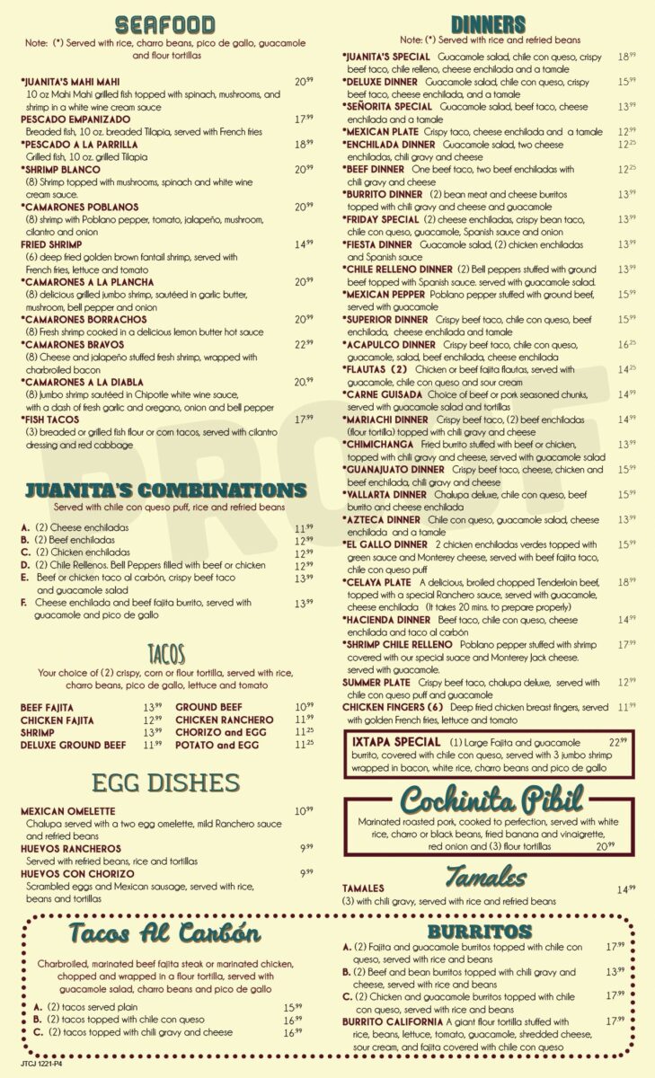 juanita's restaurant menu: A Comprehensive Guide to Authentic Mexican Cuisine and Specialty Plates in Santa Rosa