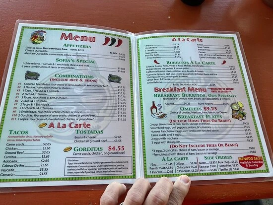 Sofia's Mexican Restaurant Arab Menu features classic dishes and a welcoming dining atmosphere.