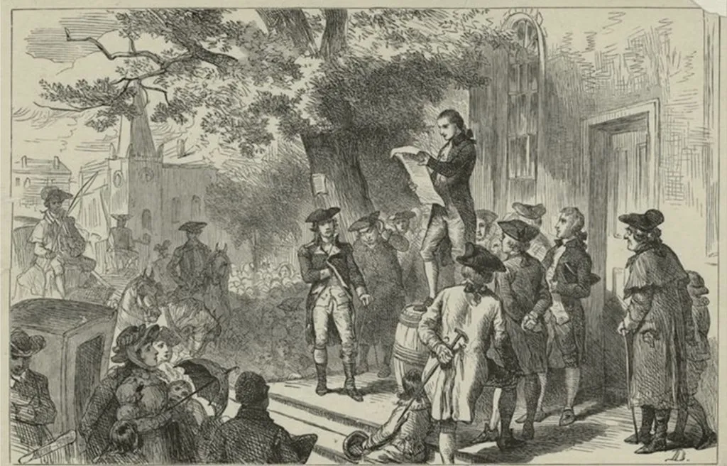 Engraving showing Robert Benson reading the first New York State Constitution in 1777, signed during the war.