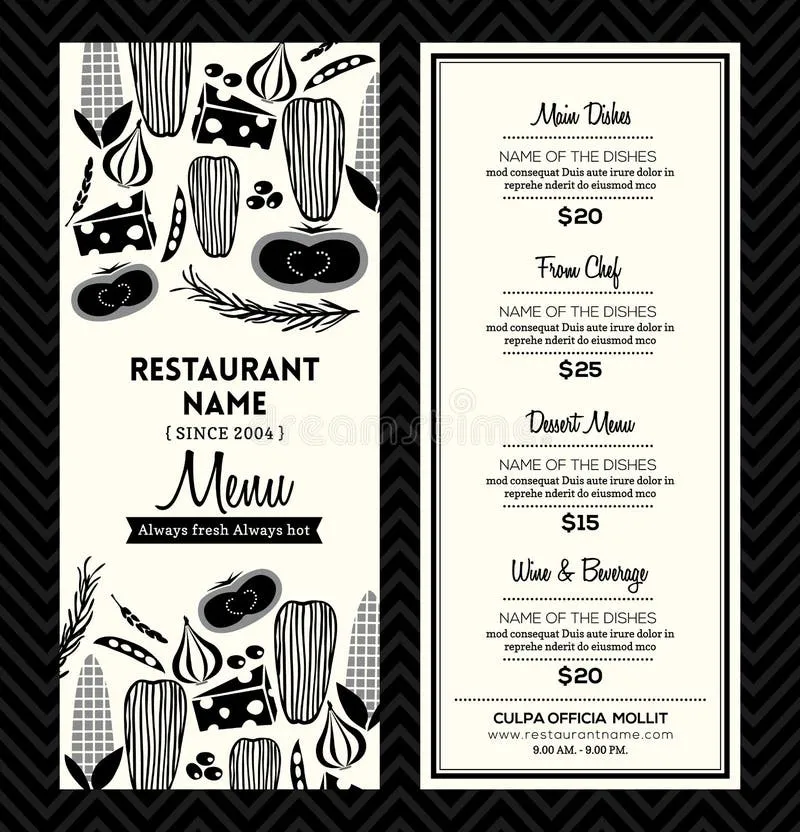 Monochrome restaurant menu design template layout, offering a versatile basis for a chili pepper restaurant menu with elegant typography.