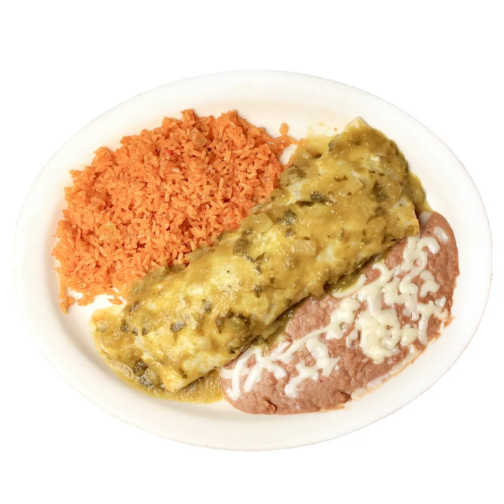 bravos mexican restaurant menu: Close-up of Burrito Verde topped with rich queso and salsa verde