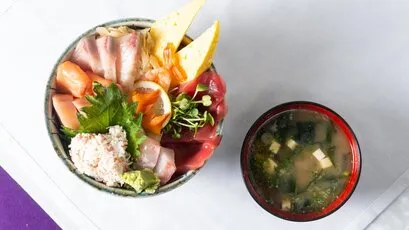Chirashi Bowl, a colorful assortment of sashimi over rice, offered on the shiki japanese restaurant menu