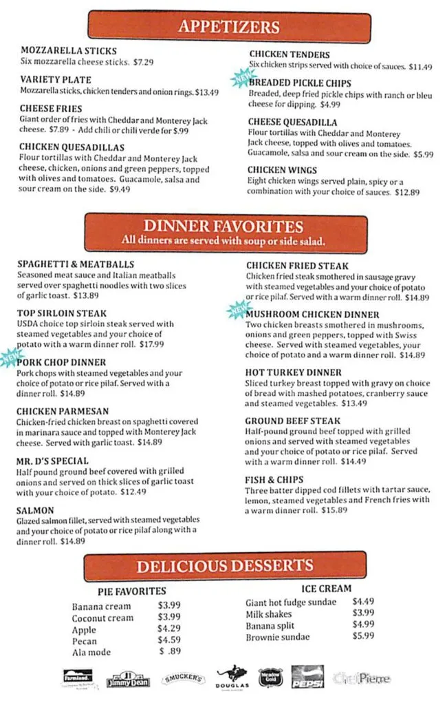 Dee's Restaurant menu showcasing appetizers, a comprehensive dinner section, and a delightful range of desserts, completing the full dining experience on the dee's restaurant menu.