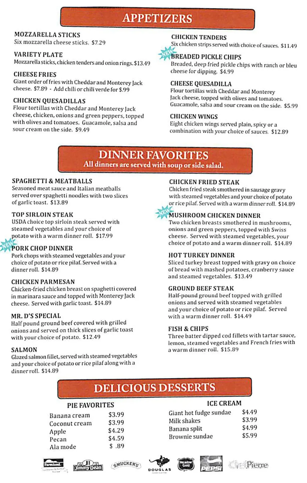 A detailed look at the appetizer, dinner entree, and homemade dessert options on the dee restaurant menu