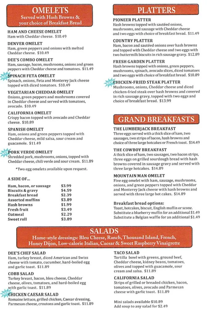 Dee's Restaurant menu displaying breakfast continued, including various egg dishes, and a section dedicated to fresh salads, highlighting the diverse offerings on the dee's restaurant menu.