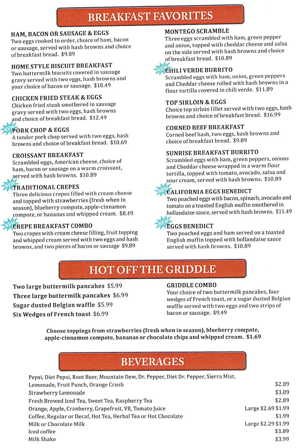 Close-up view of the breakfast favorites section on the allintitle:dee restaurant menu showcasing hotcakes and omelets