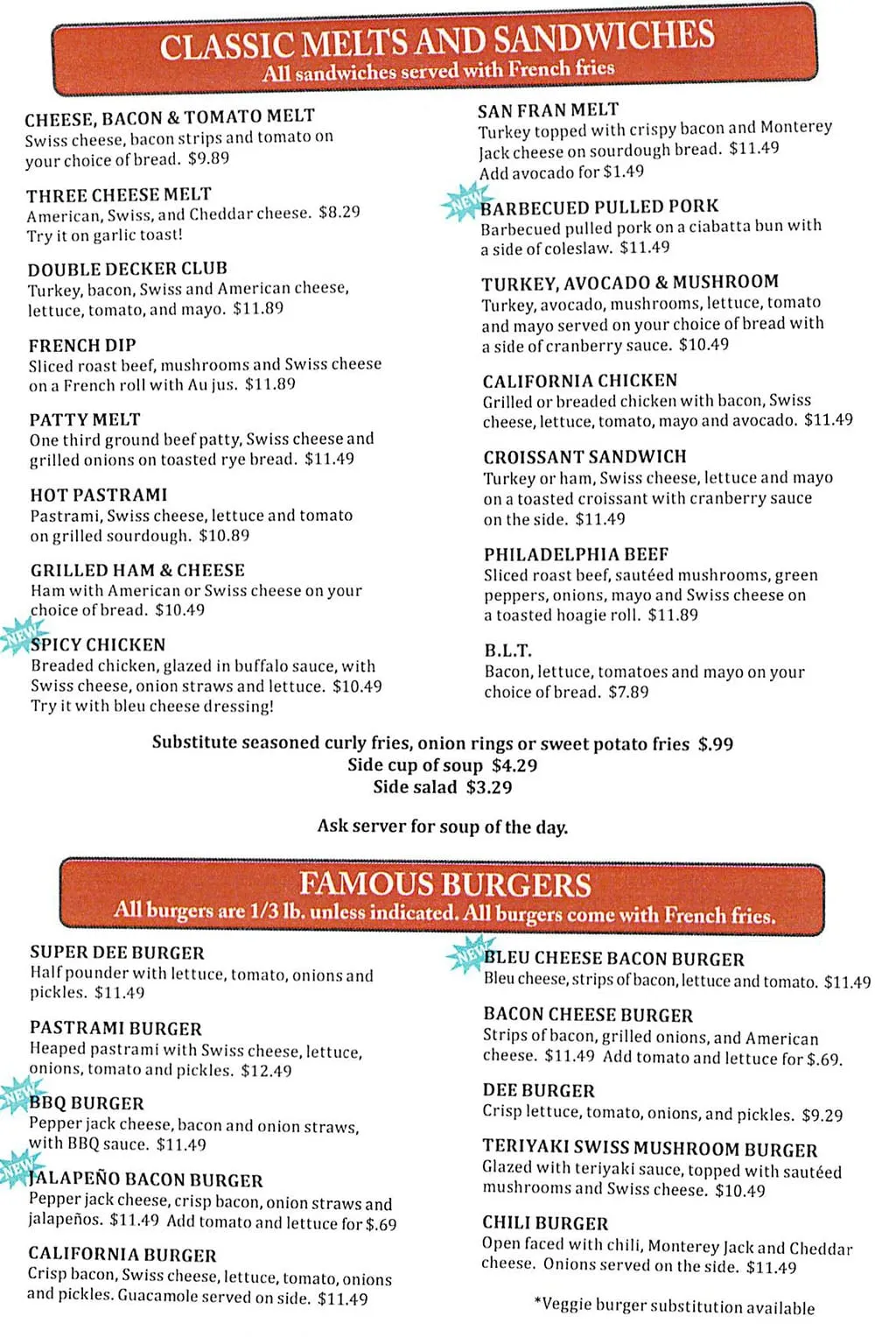 The section of the dee restaurant menu featuring classic melts, signature sandwiches, and all-American burgers