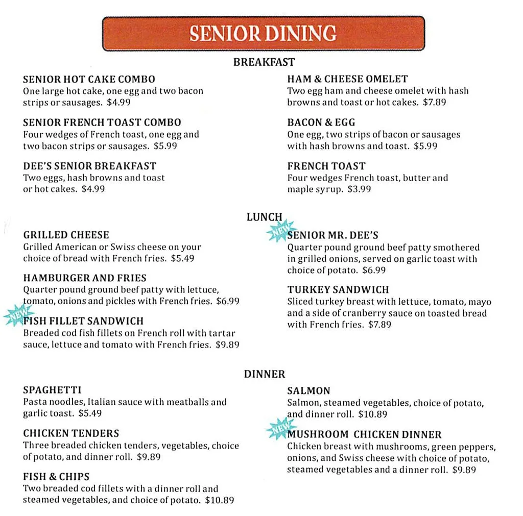 The dedicated senior menu section, offering affordable, smaller portions for special diners on the dee restaurant menu