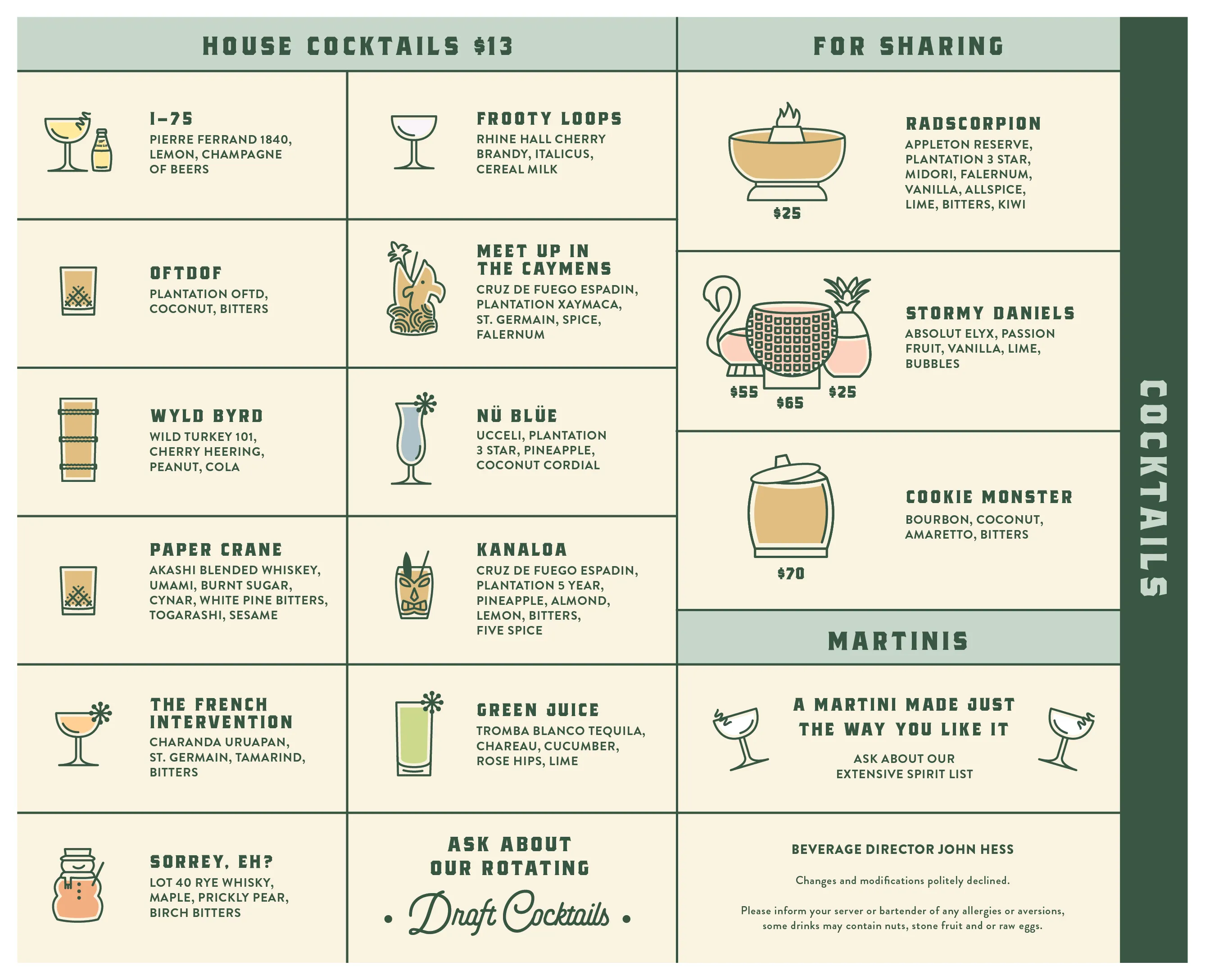 Dorian’s cocktail list, showcasing innovative and technically advanced drink offerings by Beverage Director John Hess