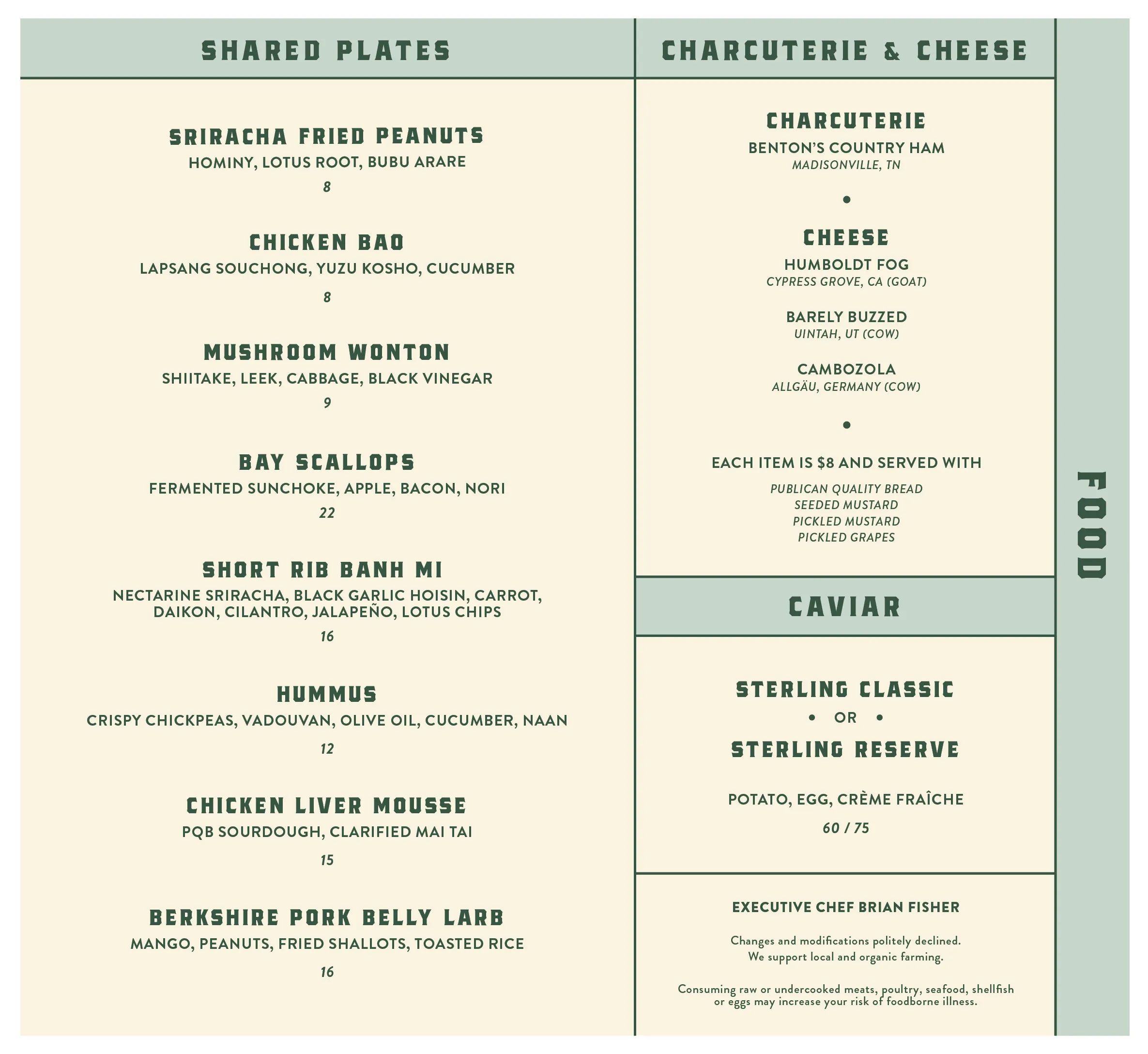 Dorian’s food menu, highlighting Asian-inspired small plates and elevated dining options like charcuterie and caviar