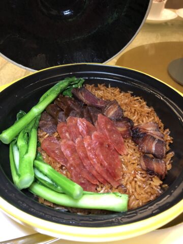 Authentic Traditional Steamed Claypot Rice with Chinese Sausage, a comforting classic on the Asia Garden Chinese Restaurant Menu