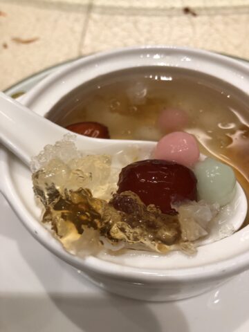 Sweet Double-boiled Tang Yuan with Tian Shan Bird’s Nest, a luxurious dessert from the Asia Garden Chinese Restaurant Menu