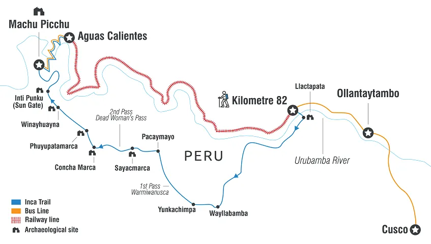 A detailed map illustrating the route of the Inca Trail, showing the path and key archaeological sites