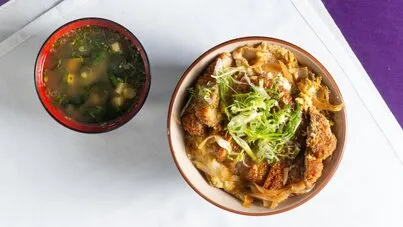 Katsu Donburi with pork, a classic hearty rice bowl from the shiki japanese restaurant menu