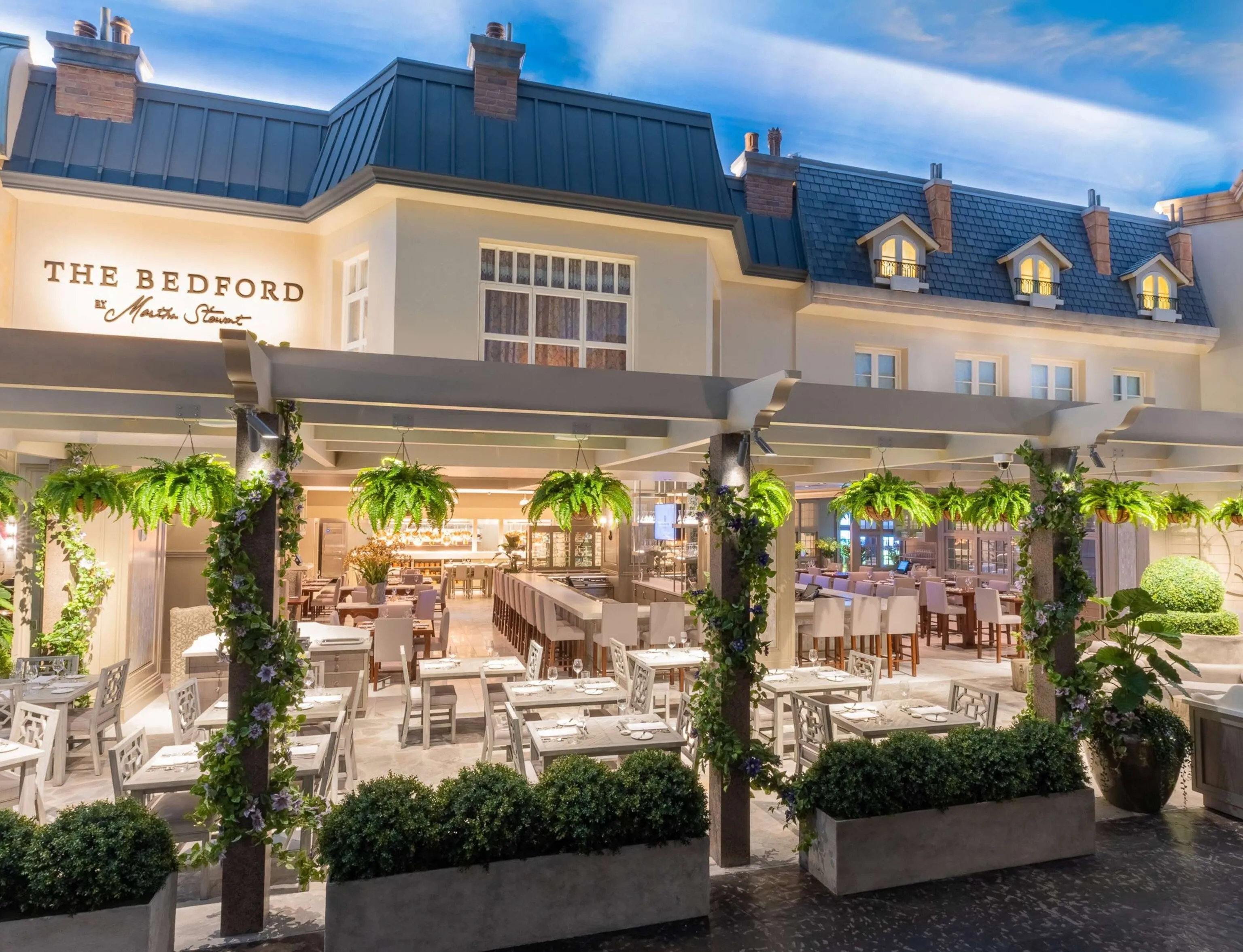 The elegant exterior of The Bedford by Martha Stewart, home to the curated Stewart's restaurant menu in Paris Las Vegas.