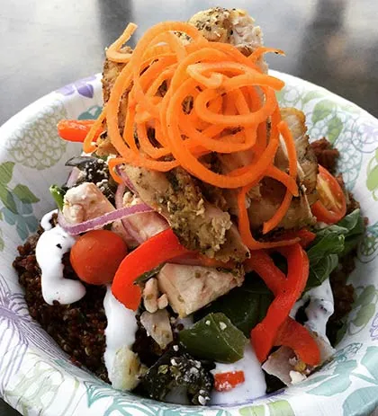 Mediterranean grain bowl with ancient rice at CJs Maui restaurant in Kaanapali.