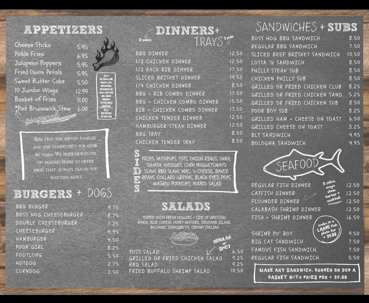 Boss Hog Restaurant Menu: A Comprehensive Guide to Carolina BBQ Dinners, Signature Burgers, and Family Packs
