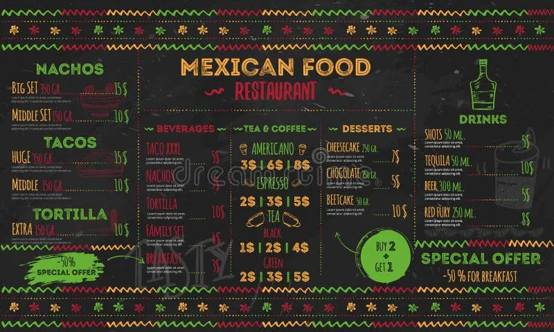 Modern Mexican food restaurant menu template design, ideal for flyers and site banners to promote a diverse chili pepper restaurant menu.