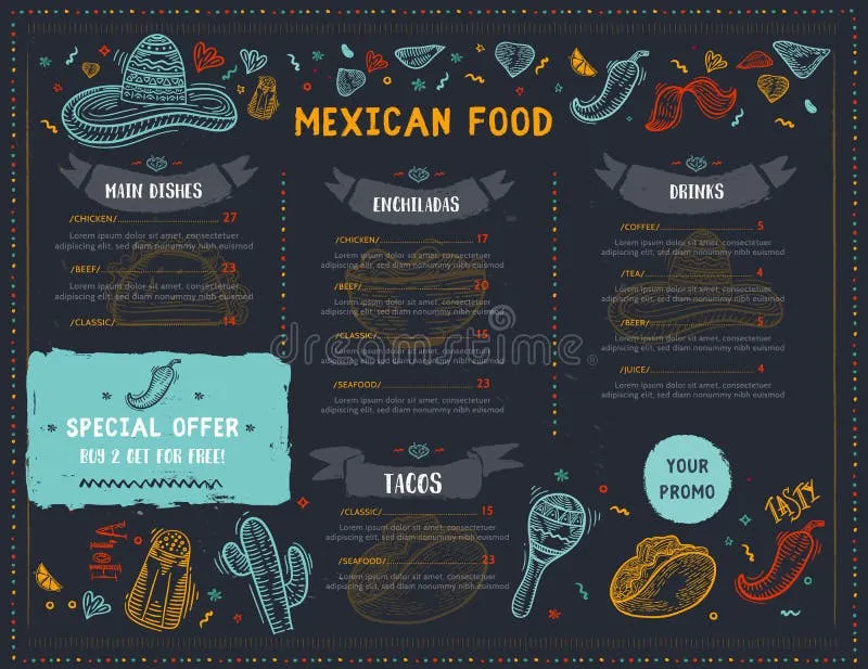 Mexican chili pepper restaurant menu template design with sketch icons for tacos, burritos, and nachos, perfect for promoting spicy dishes.