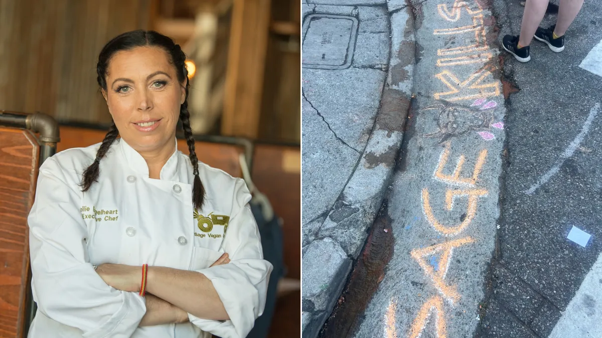 Restaurant owner Mollie Engelhart on the sidewalk, contemplating strategies for my vegan restaurant menu adaptation.