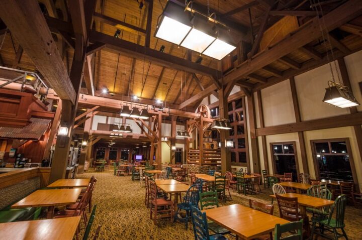 Historical perspective of a large restaurant dining area, reflecting the ambiance served by an mega restaurant menu.