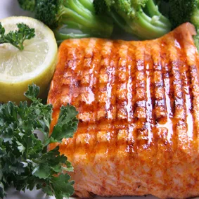 A beautifully prepared Fresh Atlantic Salmon fillet, a healthy and delicious choice on the Marion restaurant menu.