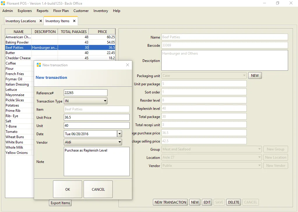 A ledger view of ingredient stock transactions impacting the profitability of the Dolly menu