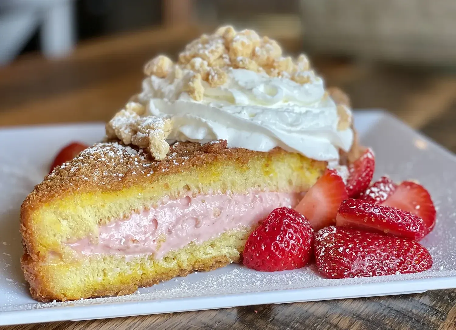 Sweet brioche French Toast filled with cream and topped with fresh strawberries, reflecting the new menu's dessert offerings at the Nomad Girl restaurant