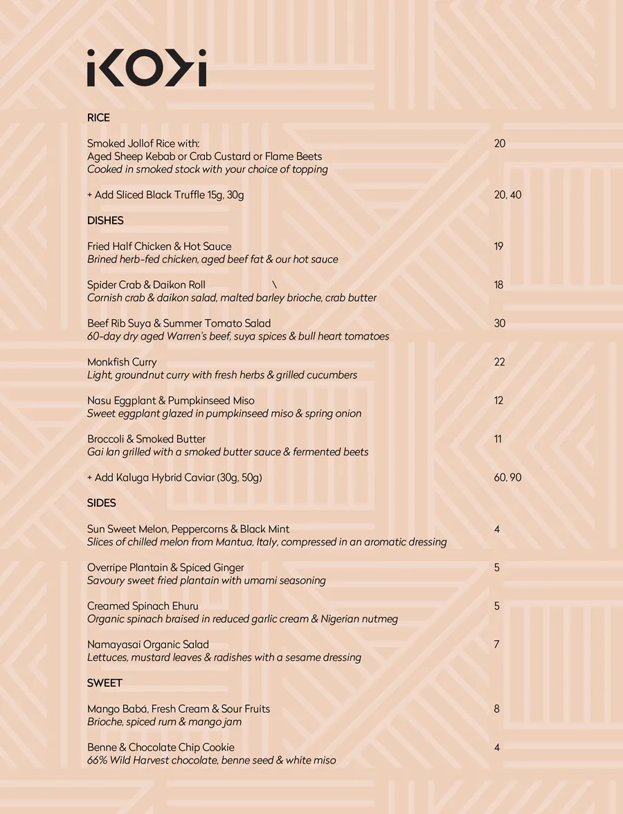 Ikoyi's innovative sample reopening menu featuring refined West African dishes like fried chicken, beef suya, monkfish curry, and plantain with spiced ginger.