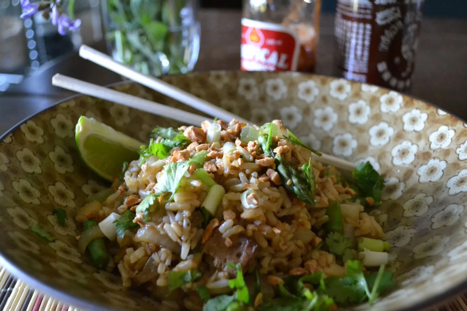 Homemade vegetable fried rice with tofu, a plant-based alternative to the chinese restaurant menu dishes