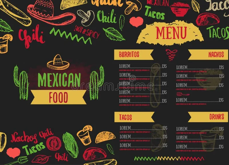 Vintage-style Mexican food menu with hand-drawn lettering, featuring popular dishes like tacos and burritos, suitable for a classic chili pepper restaurant menu.