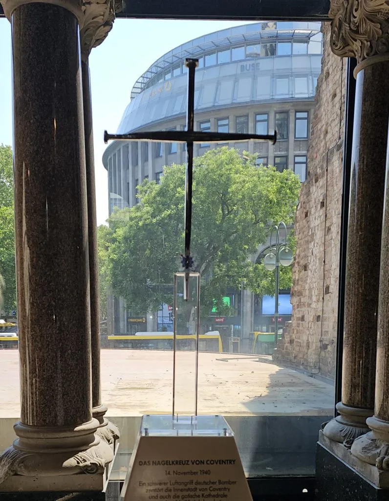 A Coventry Cross of Nails, symbolizing peace and reconciliation, housed at the Kaiser Wilhelm Memorial Church