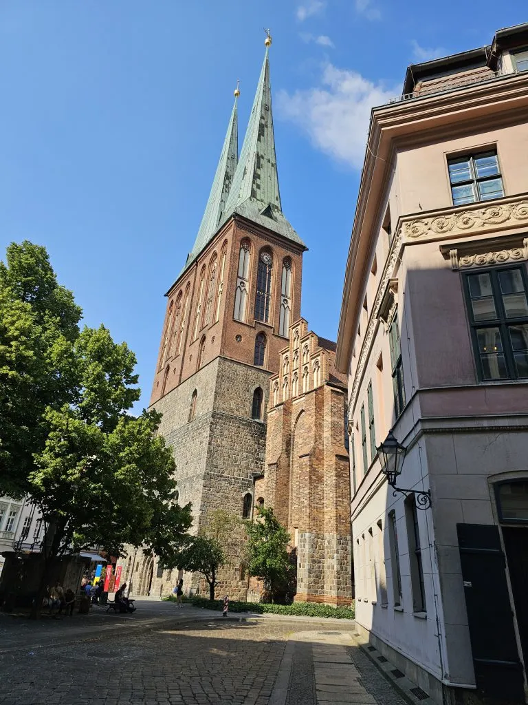 The rebuilt exterior of St Nicholas Church in the historic Nicholas Quarter of Berlin