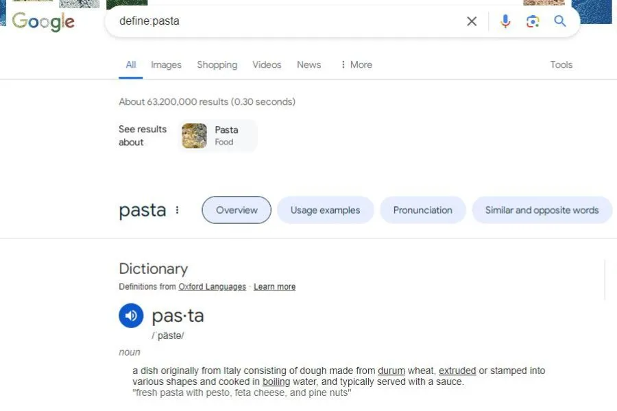 Finding menu definitions using the define: operator in a restaurant context.
