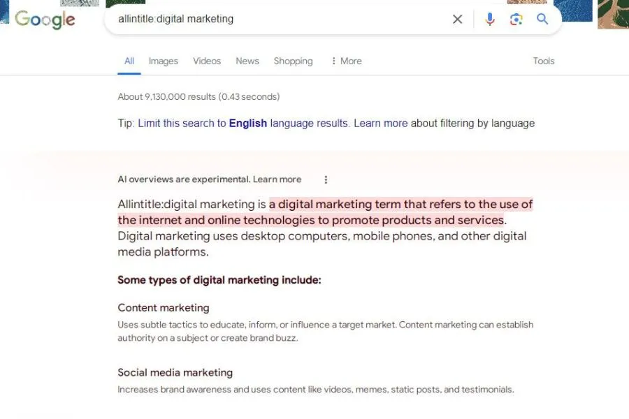 Narrowing search results with pesto restaurant menu to refine competitor data.