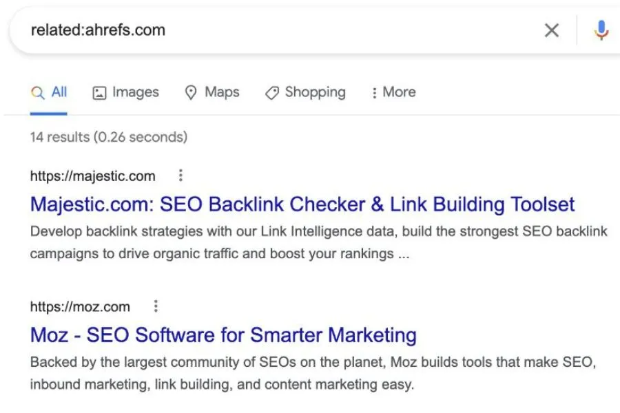 Search for related:ahrefs.com on Google.