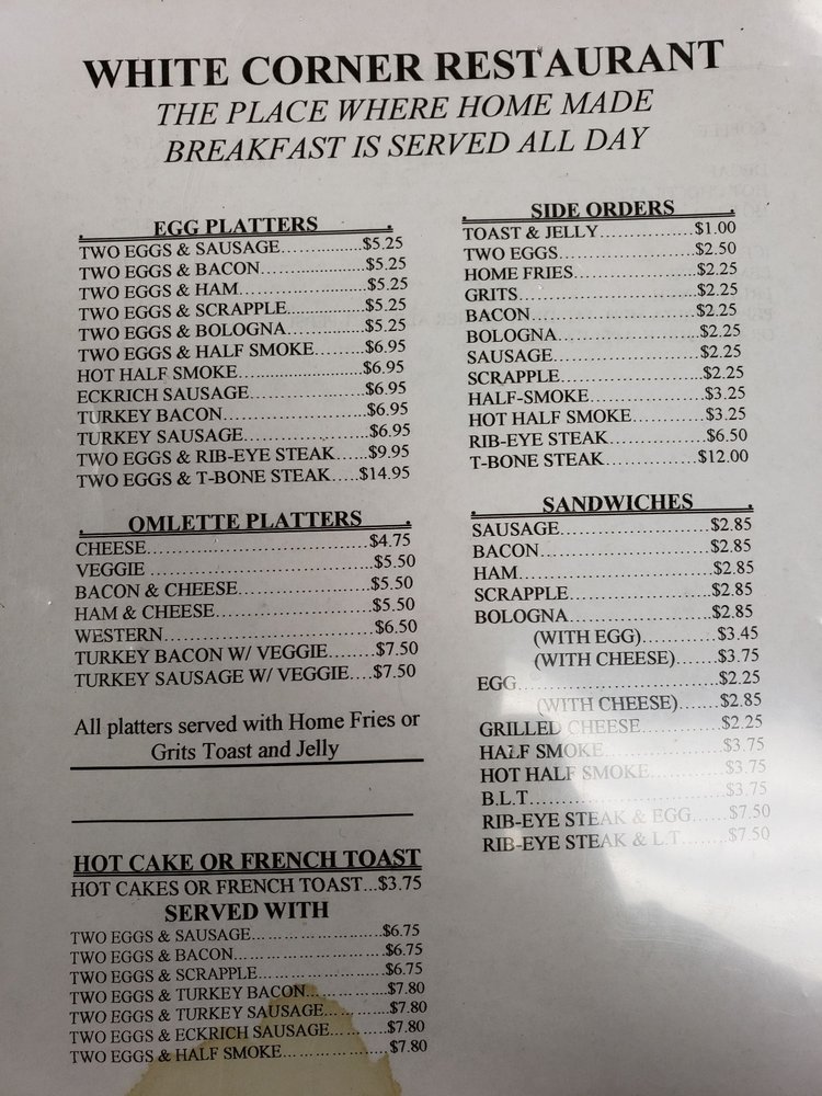 white corner restaurant menu: A Deep Dive into Capitol Heights' Classic Diner Offerings