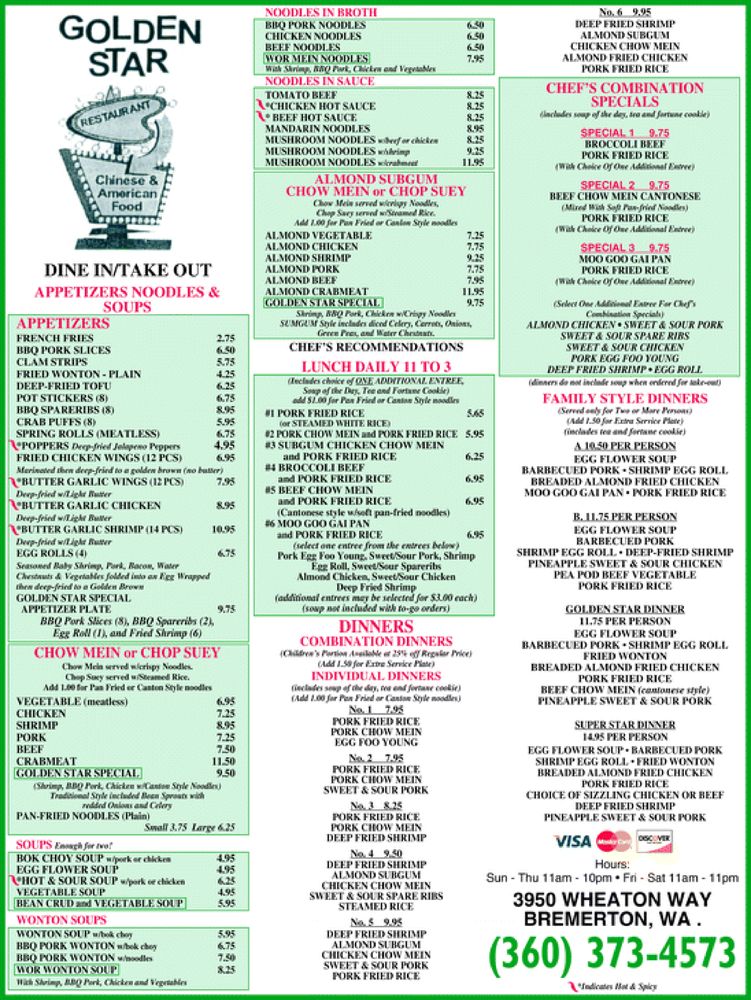 Golden Star Restaurant Bremerton Menu – A Complete Guide to Authentic Chinese and American Cuisine